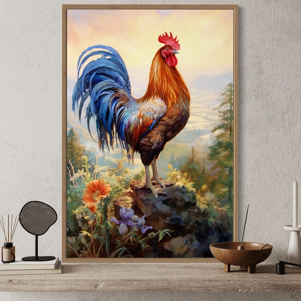 Haan schilderij canvas print - boerderij rustieke muur kunst - kleurrijke boerderij dieren muur decor, keuken kunst ingelijst of ingelijst klaar om op te hangen