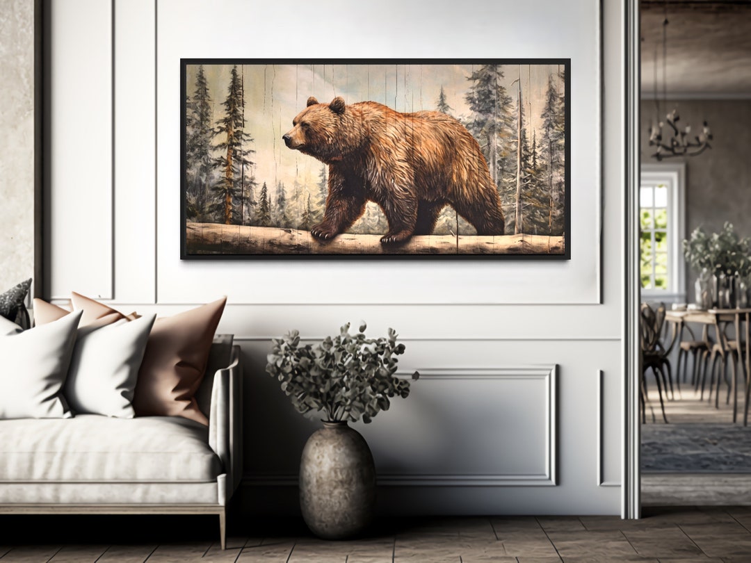 Grizzly Bear in Forest Painting on Wood Effect Canvas Print, Bear Wall Art, Lodge Decor Rustic