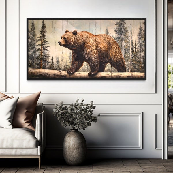 Grizzly Bear In Forest Painting On Wood Effect Canvas Print, Bear Wall Art,  Lodge Decor Rustic Cabin Wall Art, Extra Large Animal Wall Art