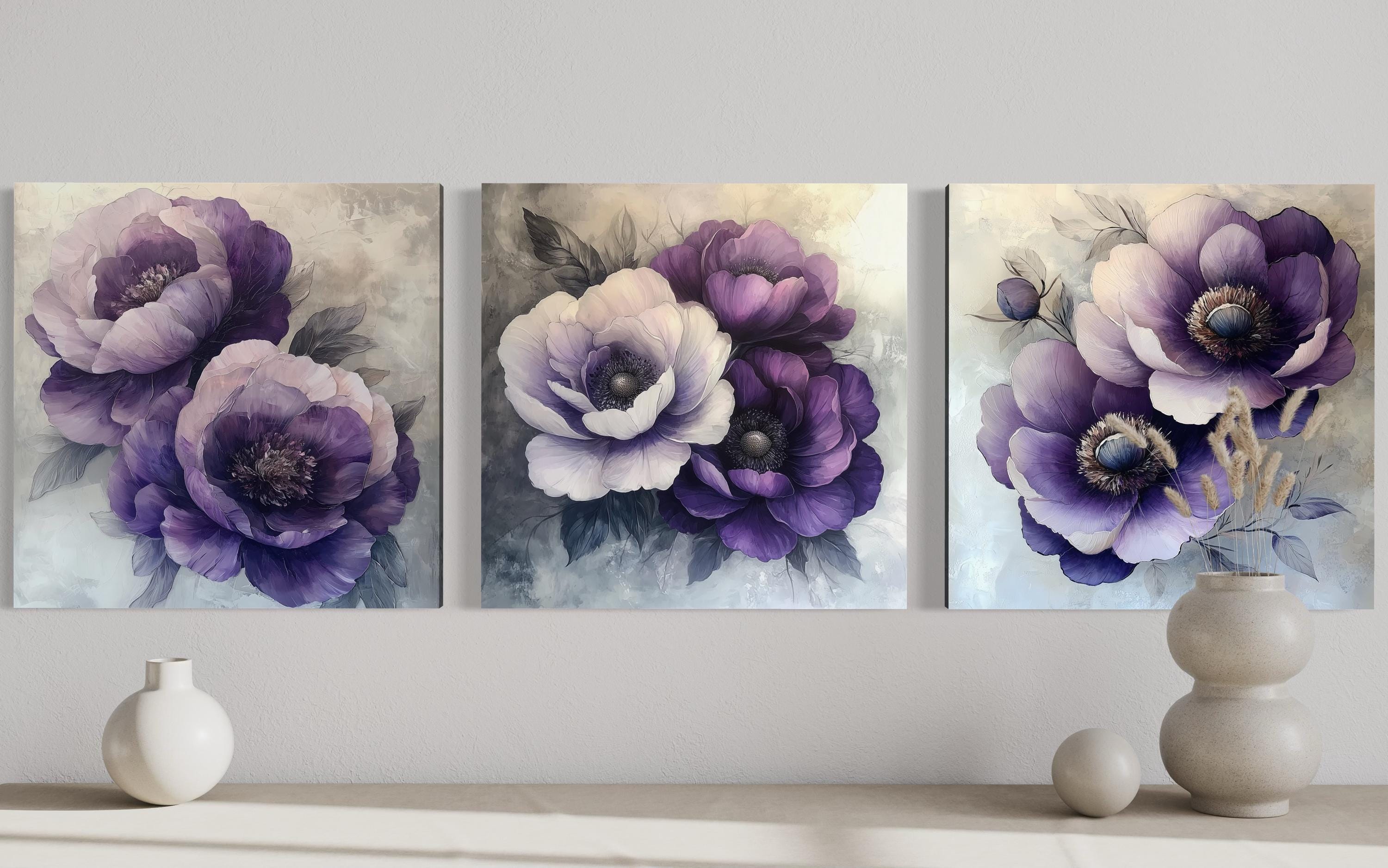 Set of 3 Purple Floral Wall Art – Purple Lavender Grey Flower Canvas ...