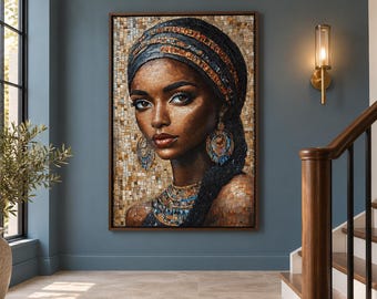 May include: A rectangular wall art piece featuring a mosaic-style portrait of a person wearing a dark headwrap, large ornate dangling earrings, and a layered necklace, all rendered in shades of gold, blue, and brown against a textured background.