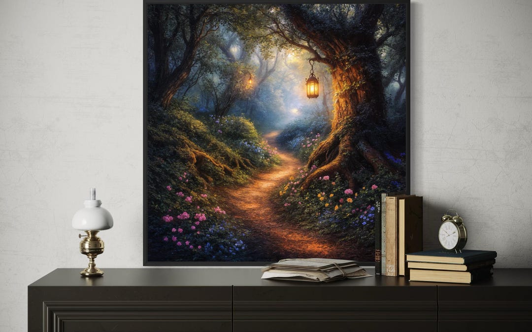 Enchanted Forest Path Wall Art, Magical Woodland Canvas Print, Glowing ...