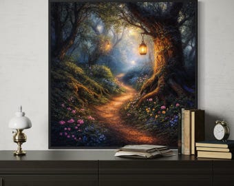 Enchanted Forest Path Wall Art, Magical Woodland Canvas Print, Glowing Lantern Fairy Tale Landscape for Living Room Decor