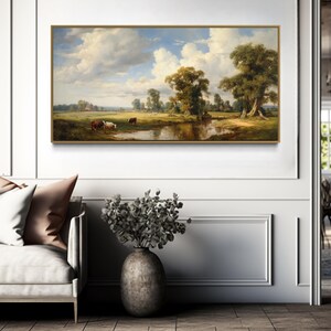 Retro Country Landscape Painting Canvas PRINT, Pastoral Cows Wall Art, Rustic Muted Colors Farmhouse Wall Art Framed Ready To Hang