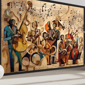 a large abstract painting depicting a group of musicians playing various instruments, such as a guitar, piano, and drums, against a musical note background. The painting is framed and displayed on a wall, with two white vases placed on either side of it.