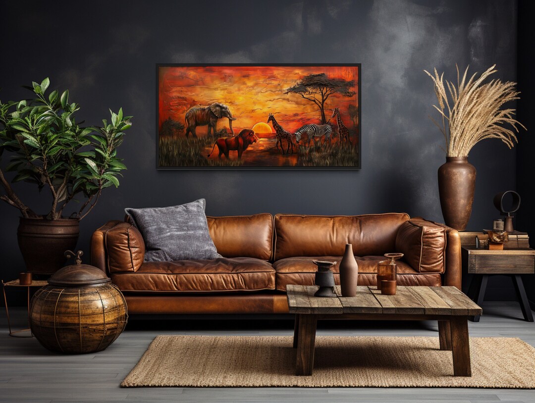 African Wall Art - African Animals in Savannah at Sunset Painting ...