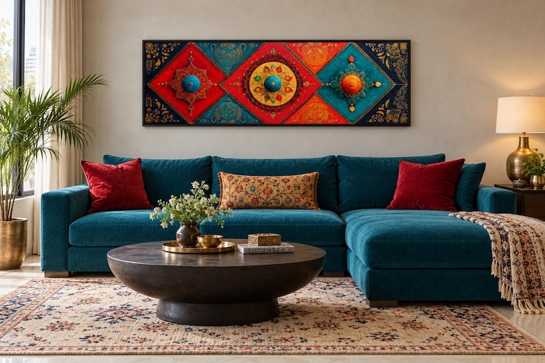 Puede incluir: Una pieza de arte mural rectangular que presenta tres paneles en forma de diamante en tonos vibrantes de rojo, naranja y azul cerceta, adornados con intrincados patrones de filigrana dorada y elementos esf&eacute;ricos en relieve en el centro.