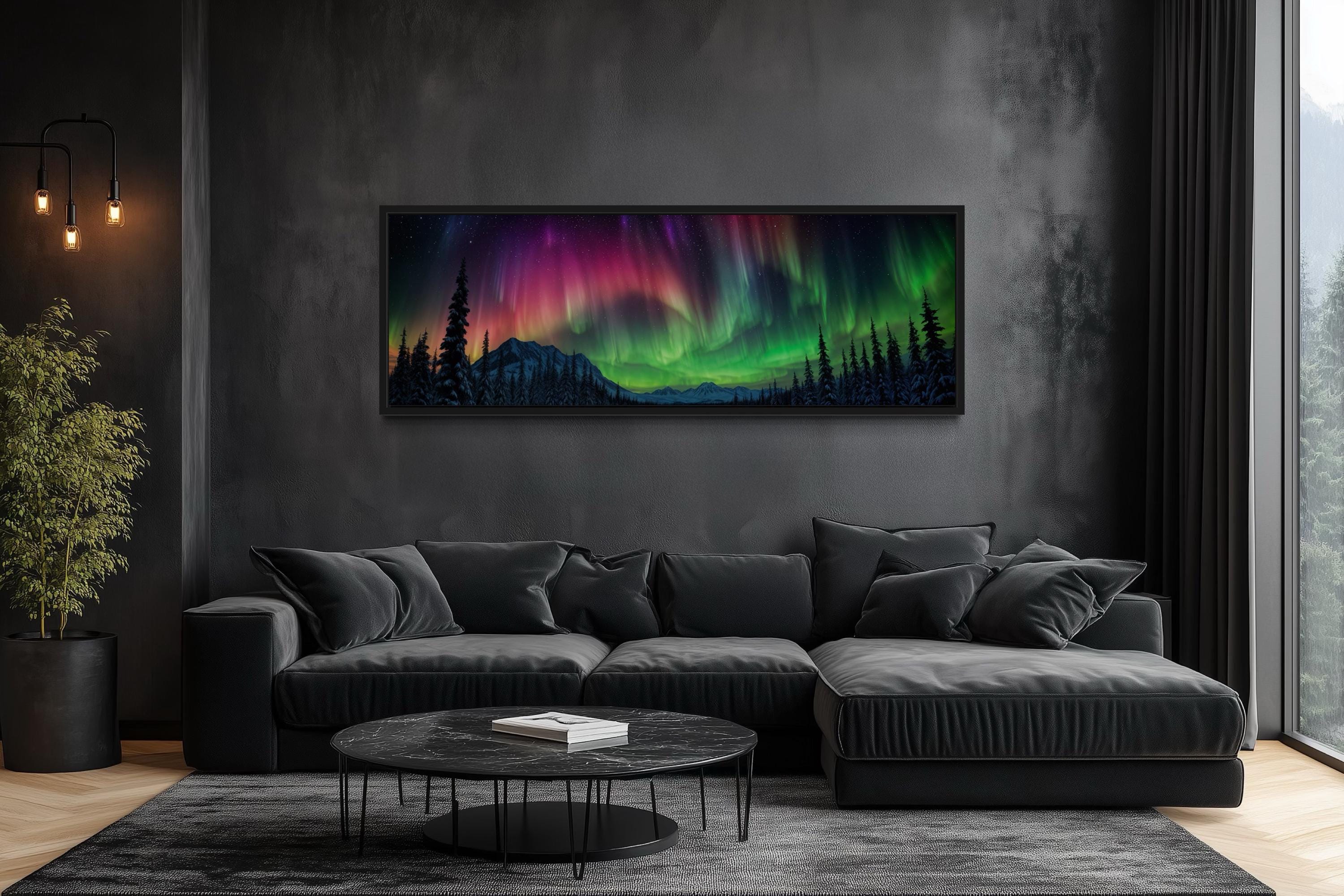 Long Horizontal Northern Lights Canvas Print, Panoramic Aurora Borealis Over Pine Forest Painting Canvas Print Framed Ready To Hang