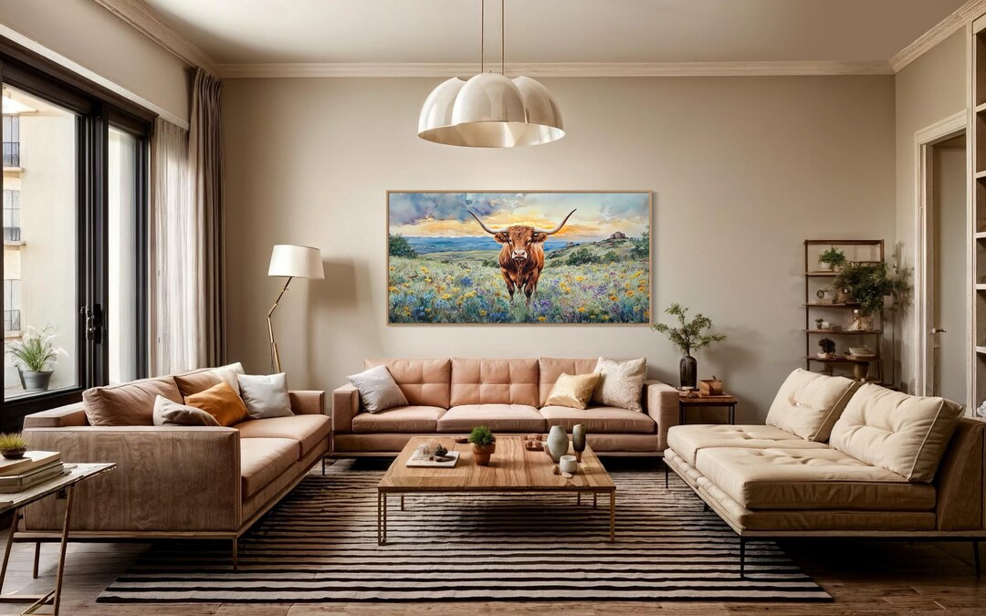 Texas Longhorn Cow in Wildflowers Field Extra Large Wall Art, Farmhouse