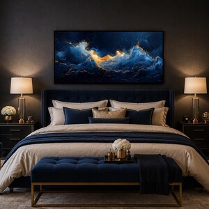 Abstract Navy Blue Gold Ocean Wave Painting Canvas PRINT, Minimalist Modern Ocean At Night Wall Art, Seascape, Art For Mens Bed image 9