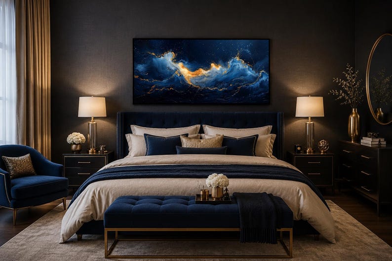 Abstract Navy Blue Gold Ocean Wave Painting Canvas PRINT, Minimalist Modern Ocean At Night Wall Art, Seascape, Art For Mens Bed image 9