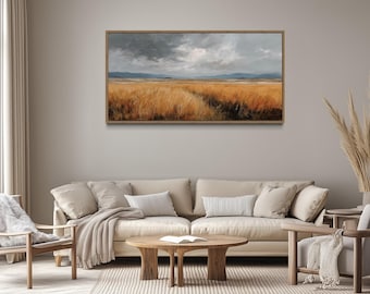 Golden Wheat Field Wall Art, Rustic Farmhouse Landscape Painting With Cloudy Sky, Vintage Style Canvas Print, Framed Ready To Hang
