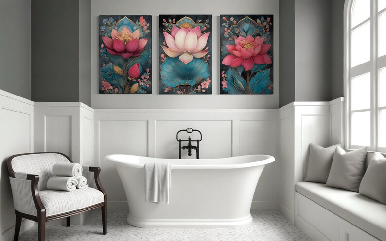 Zen Lotus Flower Set of 3 Canvas Wall Art – Pink and Teal Floral ...