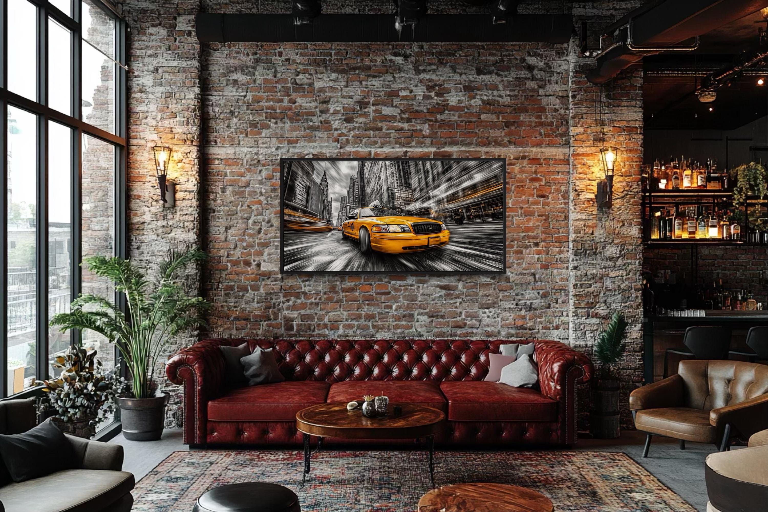 New York City Yellow Taxi Black Background Graffiti Painting