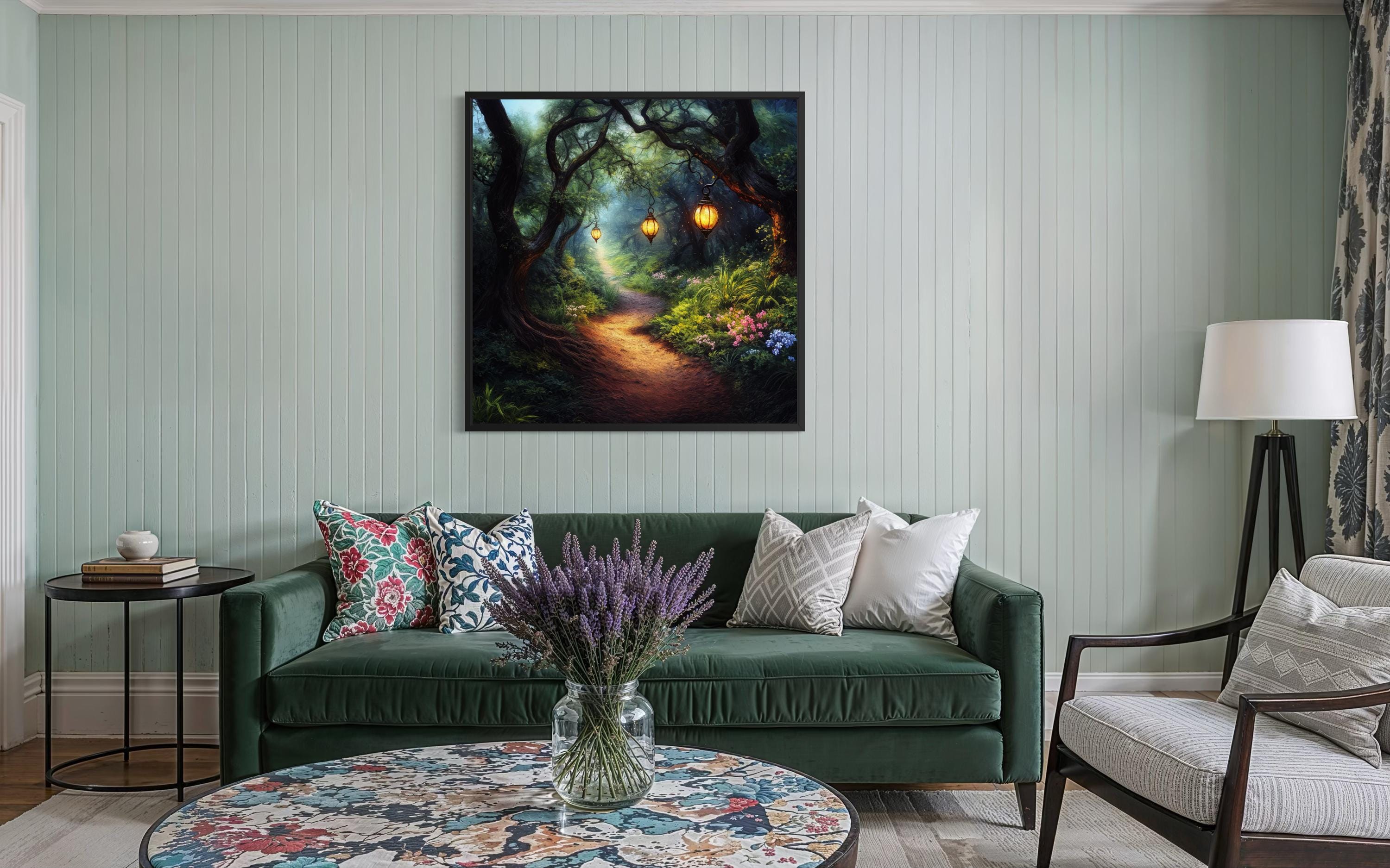 Enchanted Forest Path Wall Art – Glowing Lantern Woodland Fantasy ...