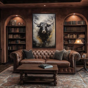 a cozy living room with a large brown leather sofa, a wooden coffee table, and a bookshelf filled with books. A large painting of a bull's head is prominently displayed on the wall above the sofa.