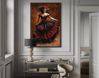 Flamenco Dancer Wall Art – Elegant Woman in Red and Black Dress Canvas Print, Spanish Dance Painting, Dramatic Living Room or Lounge Decor