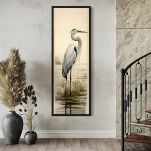Tall Narrow Great Egret Painting Canvas PRINT, Long Vertical Neutral Watercolor Retro Bird Wall Art Tall Artwork Ready To Hang