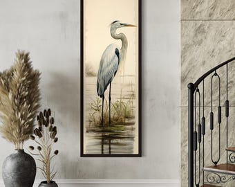 Tall Narrow Great Egret Painting Canvas PRINT, Long Vertical Neutral Watercolor Retro Bird Wall Art Tall Artwork Ready To Hang