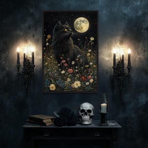 a dark, moody room with a large painting of a black cat sitting in a field of flowers and a full moon in the background. The room is illuminated by two black sconces on either side of the painting, and there is a small table with a skull, a candle, and a book on it.