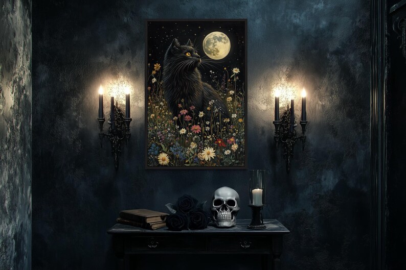 a dark, moody room with a large painting of a black cat sitting in a field of flowers and a full moon in the background. The room is illuminated by two black sconces on either side of the painting, and there is a small table with a skull, a candle, and a book on it.