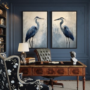 Set of 2 Blue Herons Wall Art, Abstract Heron Paintings Canvas PRINTs Coastal Birds Wall Art Framed Ready To Hang