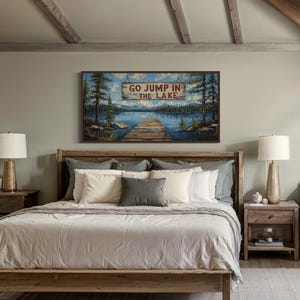 Go Jump In The Lake Sign, Rustic Lake House Cabin Wall Art, Fishing Pier Painting Canvas Print Framed Ready To Hang