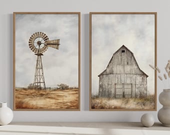 Set of 2 Farmhouse Wall Art, Old Barn And Windmill Rustic Painting Canvas Print  Framed Ready To Hang