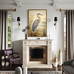 Vintage Blue Heron Painting Wall Art, Coastal Birds Art Print Lake House Wall Art, Rustic Cabin Decor, Bird Artwork, Ready To Hang