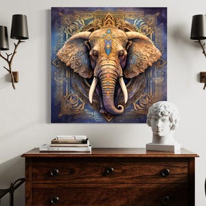 a large, ornate elephant head on a blue and gold background, mounted on a wall above a wooden dresser. The dresser has a white bust and a stack of books on top. The room also includes a yellow chair and two black lamps on either side of the wall.