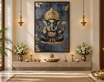 Lord Ganesha Wall Art – Gold and Black Hindu Deity Canvas Print, Indian God Ganapati Artwork for Home or Meditation Room
