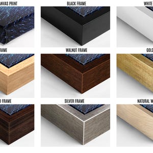 a collection of nine different types of picture frames, each with a distinct color and finish, arranged in a 3x3 grid.