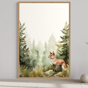 Fox In The Forest Watercolor Painting, Nursery Wall Art PRINT, Minimalist Boho Wall Art, Nature Canvas, Farmhouse Wall Decor