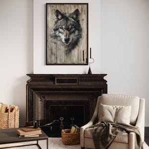 Grey Wolf Painting On Wood Canvas PRINT,  Lodge Decor, Cabin Rustic Wall Decor, Framed Unframed Ready to Hang