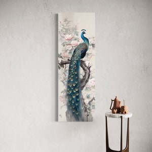 Tall Narrow Wall Art Chinoiserie Peacock Painting Canvas Print - Etsy