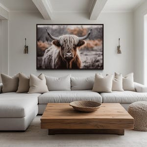 Sepia Highland Cow Photography Wall Art On Canvas - Rustic Farmhouse Decor - Highland Cow Painting -  Framed Or Unframed Ready To Hang