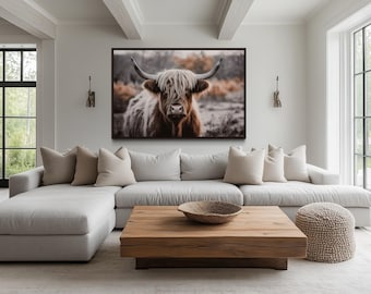 Sepia Highland Cow Photography Wall Art On Canvas - Rustic Farmhouse Decor - Highland Cow Painting -  Framed Or Unframed Ready To Hang