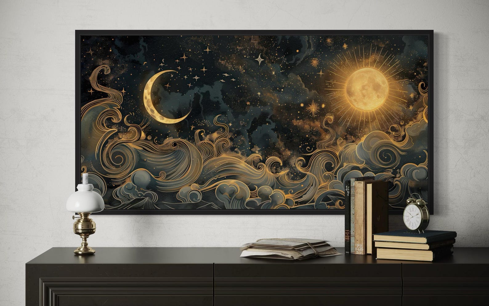 Black Gold Sun and Moon Wall Art, Celestial Painting Canvas PRINT, Sun ...