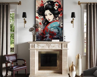 Ukiyo-e Style Geisha Portrait, Geisha Painting Canvas PRINT, Japanese Wall Art Framed Unframed Ready To Hang