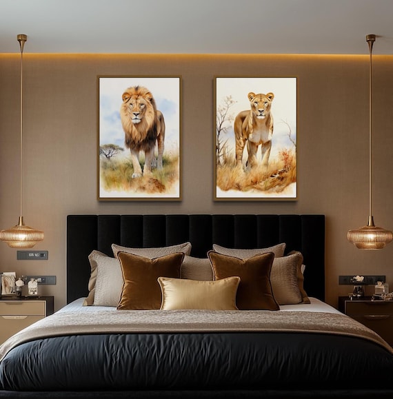 Set of 2 Lion And Lioness In Savanna Watercolor Wall Art, Romantic Lions Painting Canvas Prints, Couples Bedroom Art Framed Ready To Hang