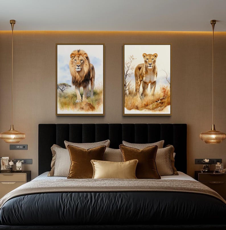 two framed paintings of lions on the wall above a bed with a black headboard and bedding.