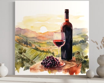 Wine And Vineyard Watercolor Painting Canvas Print, Italian Landscape, Kitchen Wall Art Ready To Hang
