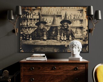 Halloween Wall Art, Three Old Witches In Vintage Apothecary Antique Photograph, Gothic Macabre Wall Decor Framed Ready To Hang