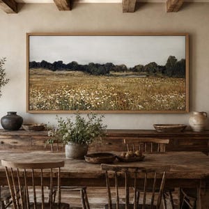 Neutral Wildflower Field Landscape Wall Art, Rustic Meadow Canvas Print with Soft Earth Tones, Farmhouse Living Room Decor