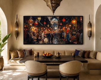 Islamic Wall Art, Traditional Middle Eastern Bazaar Painting Canvas Print, Arabic Wall Decor Framed, Ready To Hang