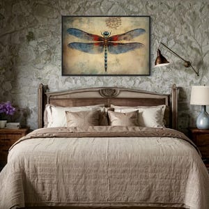 Vintage Dragonfly Wall Art, Rustic Insect Painting Canvas Print - Farmhouse Decor, Cabin Wall Decor -  Framed Ready To Hang