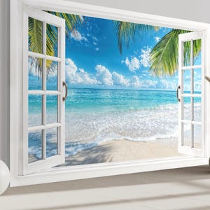 Beach Window View Tropical Painting Canvas Print, Palm Trees Ocean Scene Bathroom Wall Decor Framed Ready To Hang