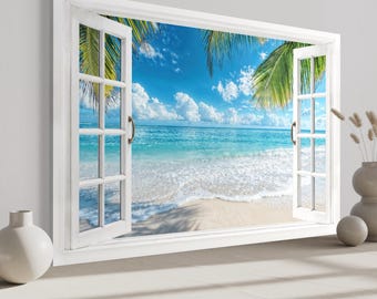 Beach Window View Tropical Painting Canvas Print, Palm Trees Ocean Scene Bathroom Wall Decor Framed Ready To Hang