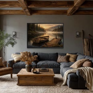 May include: A cozy living room with a large sectional sofa, wooden coffee table, and a framed landscape painting of a boat on a lake. The room features a warm color palette with wooden beams and a comfortable armchair.