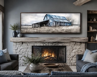 Old Blue Barn Painting Canvas Print  Panoramic Horizontal Over Bed Wall Art, Farmhouse Wall Decor Framed Unframed Ready To Hang